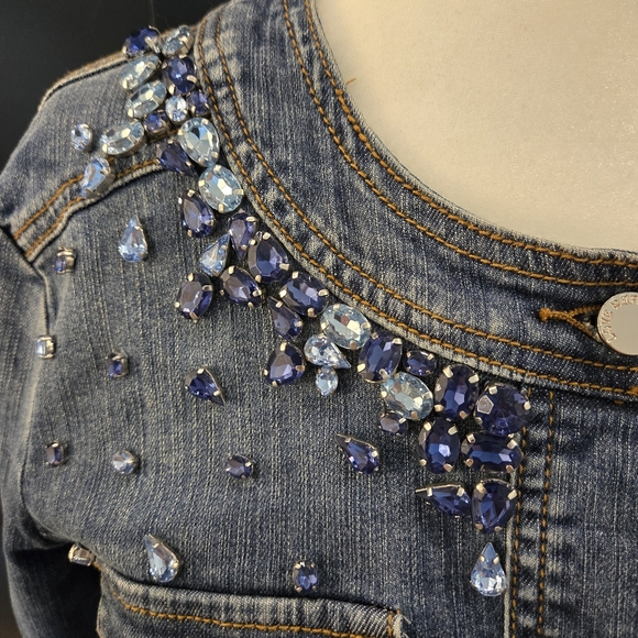💎 Brand New Jewel Embellished Cropped Collarless Denim Jean Jacket Size S - Picture 5 of 12